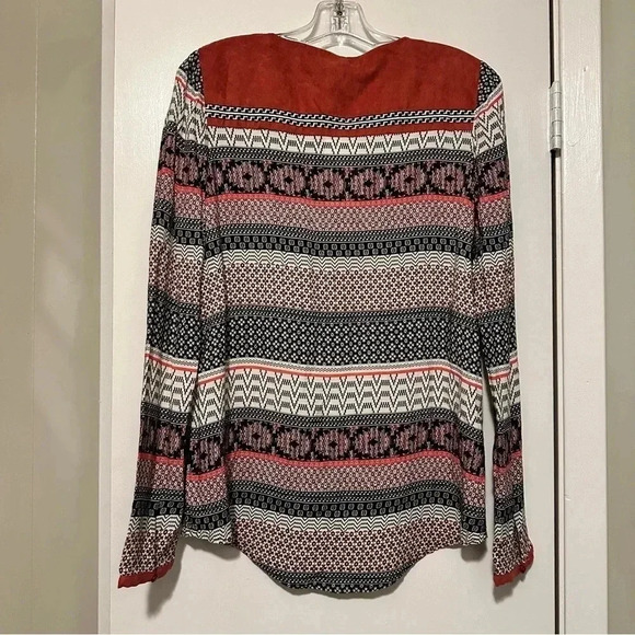 NWT THML Mixed Print Blouse Orange Suede Accents Long sleeve size S - Picture 3 of 8